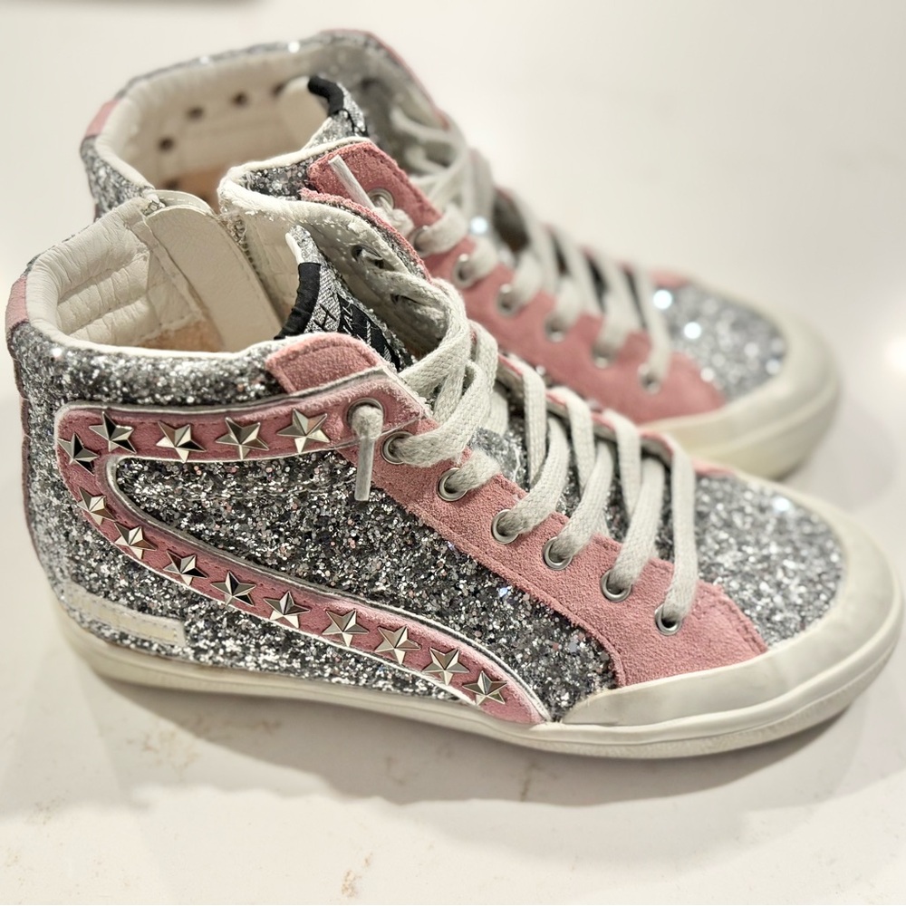 Girls Vintage Havana Glitter Silver Pink High Top Sneakers size 6